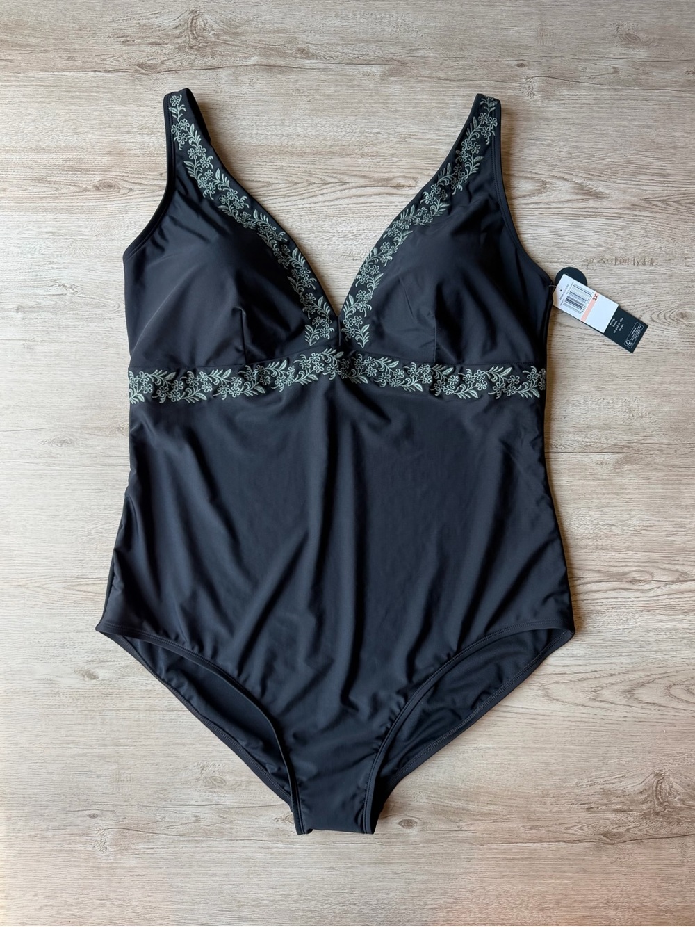Black Floral Embroidered One Piece Swimsuit 2X Tummy Control NWT Plus Size